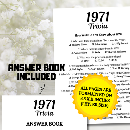 1971 Trivia Game | Printable 54th Birthday Party Game