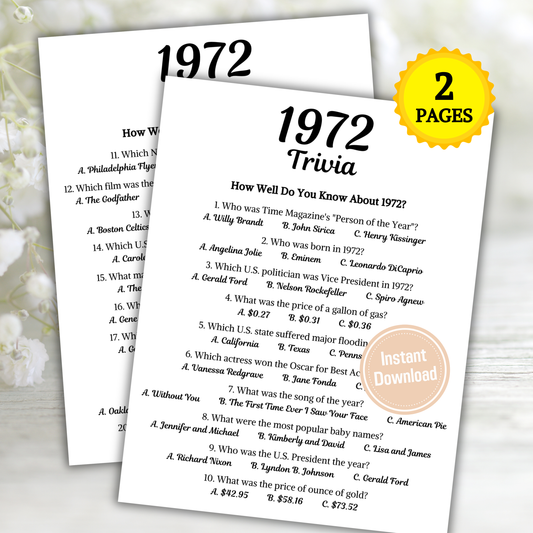1972 Trivia Game | Printable 54th Birthday Party Game