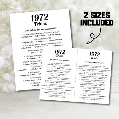 1972 Trivia Game | Printable 54th Birthday Party Game