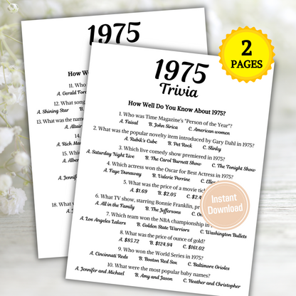 1975 Trivia Game | Printable 50th Birthday Party Game
