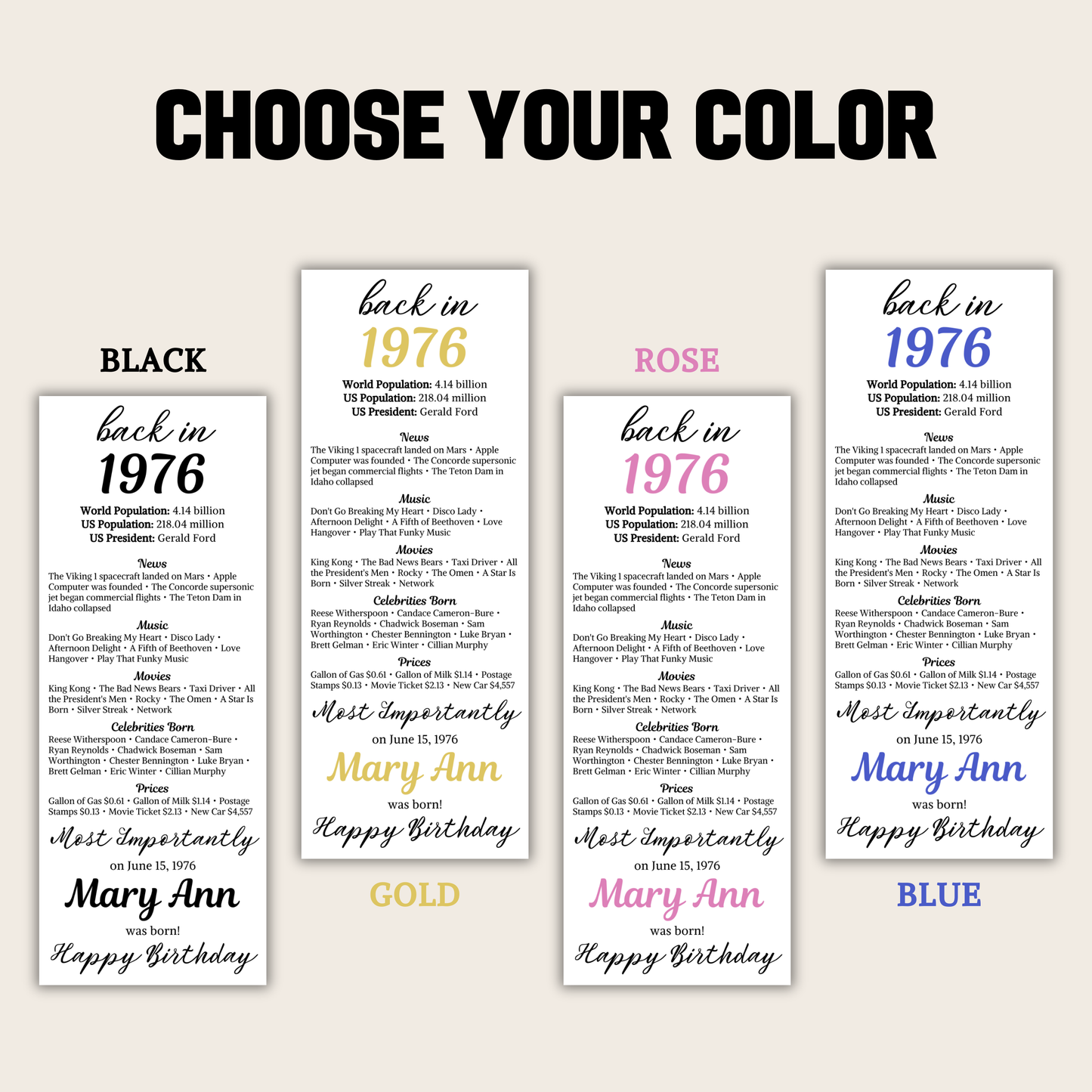 1976 Birthday Table Card | Editable 50th Birthday Place Card