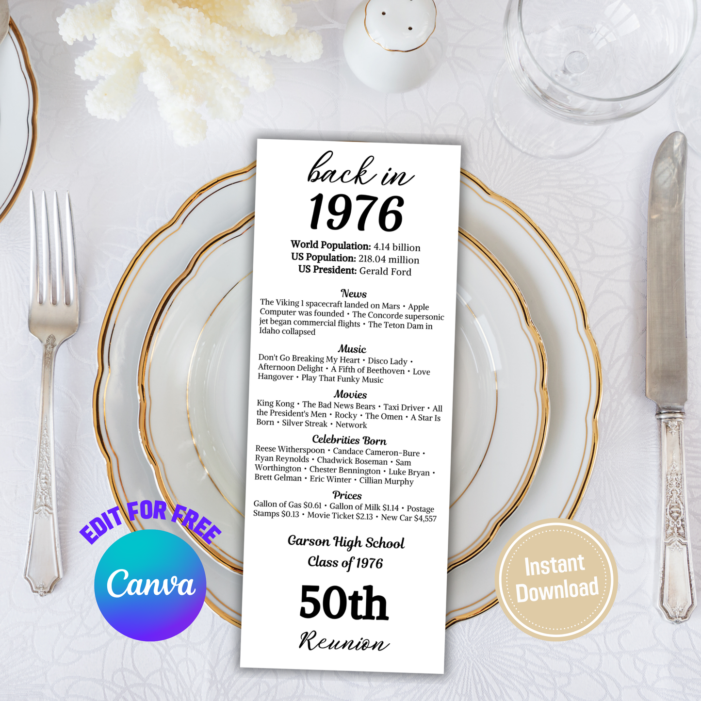 1976 Class Reunion Table Cards | Editable 50th Class Reunion Place Cards