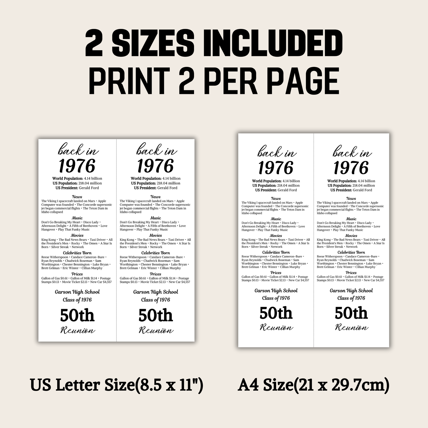1976 Class Reunion Table Cards | Editable 50th Class Reunion Place Cards