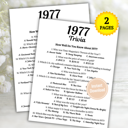 1977 Trivia Game | Printable 49th Birthday Party Game
