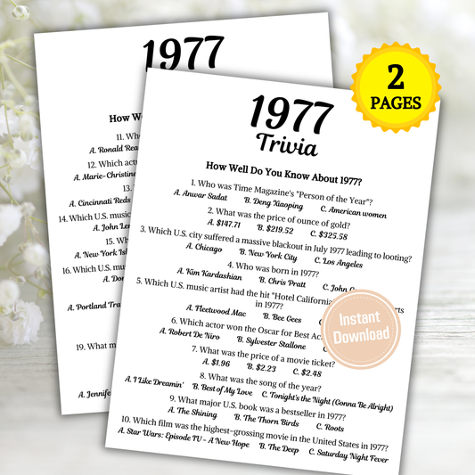 1977 Trivia Game | Printable 49th Birthday Party Game