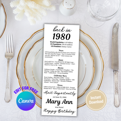1980 Birthday Table Cards | Editable 45th Birthday Place Cards