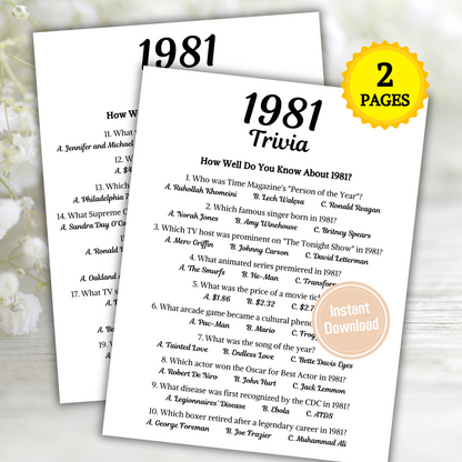 1981 Trivia Game | Printable 44th Birthday Party Game