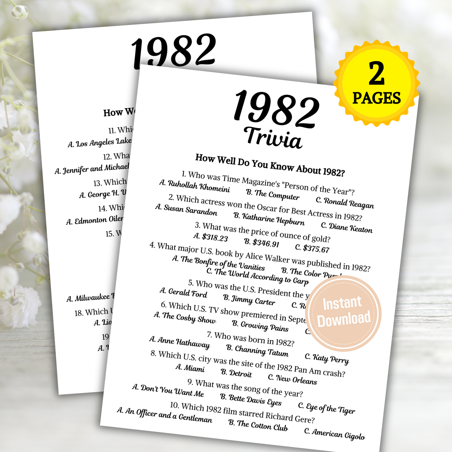 1982 Trivia Game | Printable 44th Birthday Party Game
