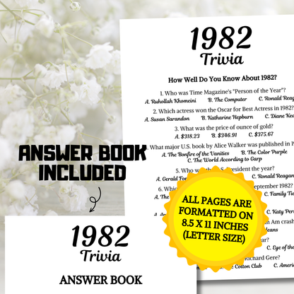 1982 Trivia Game | Printable 44th Birthday Party Game