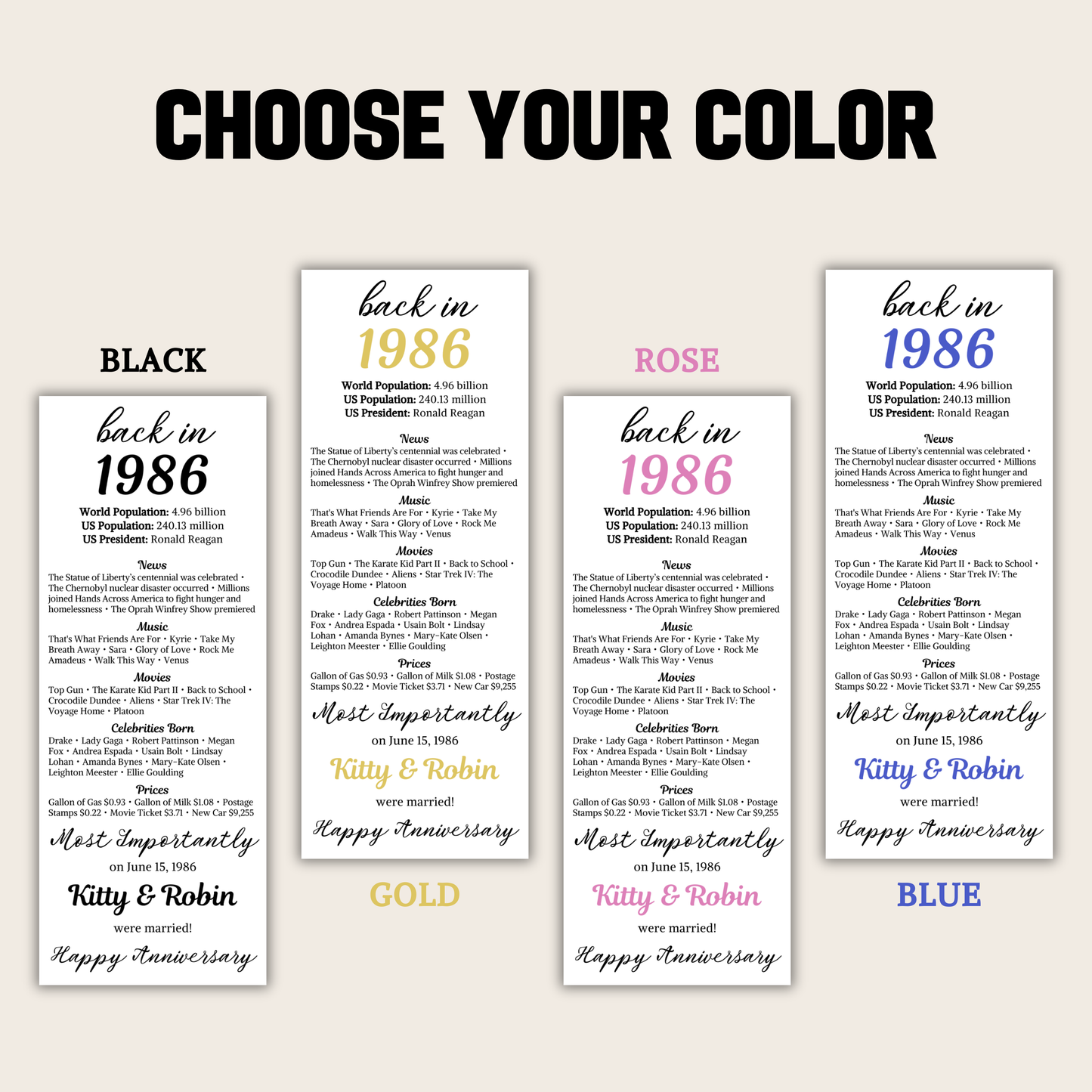 1986 Anniversary Table Cards | Editable 40th Anniversary Place Cards