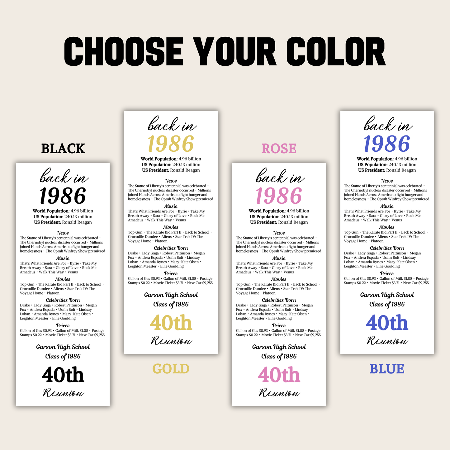 1986 Class Reunion Table Cards | Editable 40th Class Reunion Place Cards