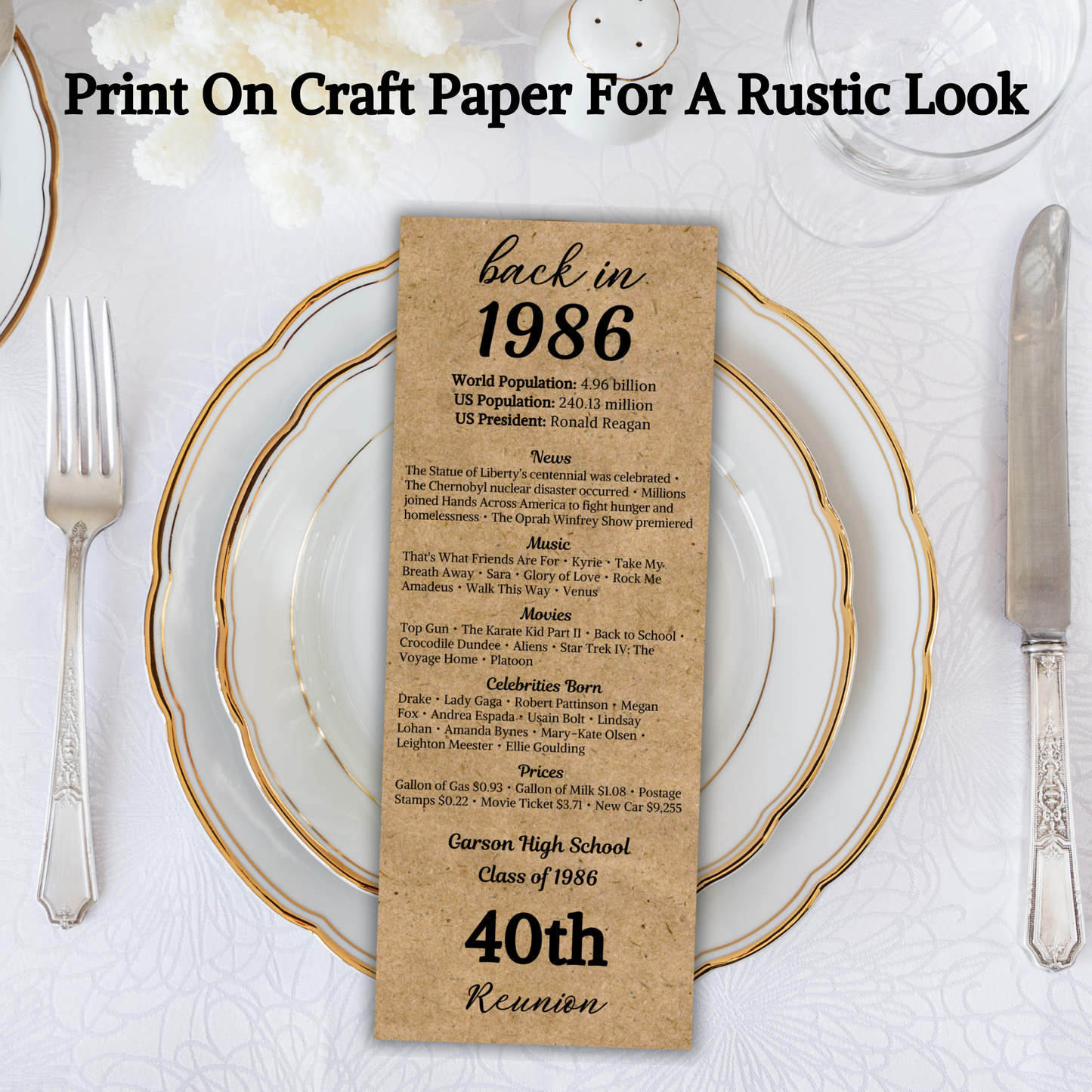 1986 Class Reunion Table Cards | Editable 40th Class Reunion Place Cards