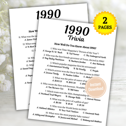 1990 Trivia Game | Printable 35th Birthday Party Game