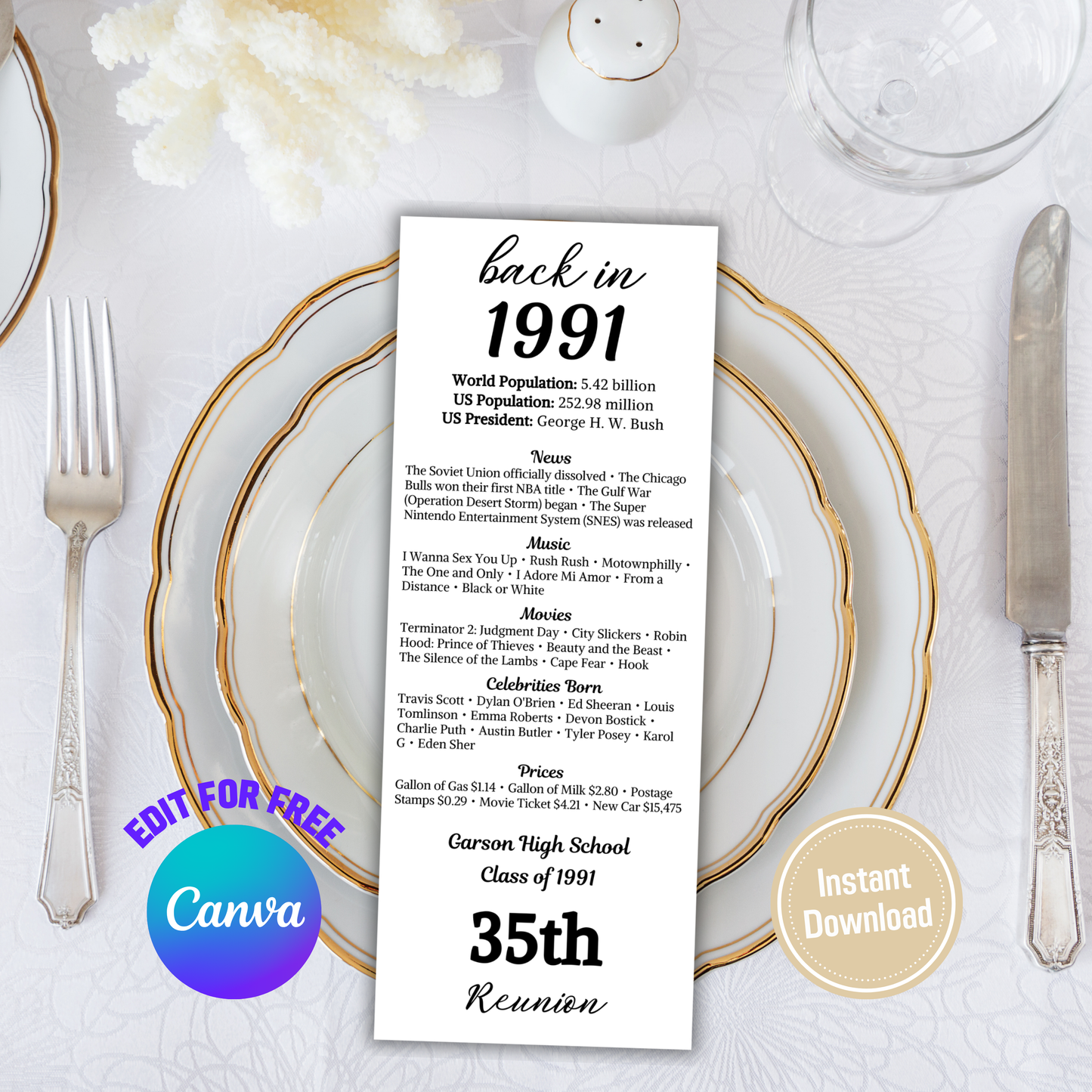 1991 Class Reunion Table Cards | Editable 35th Class Reunion Place Cards