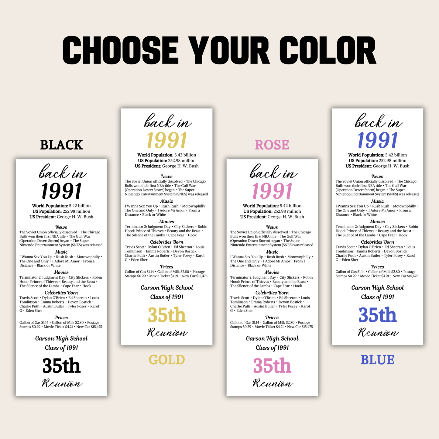 1991 Class Reunion Table Cards | Editable 35th Class Reunion Place Cards