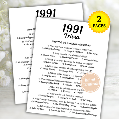 1991 Trivia Game | Printable 34th Birthday Party Game