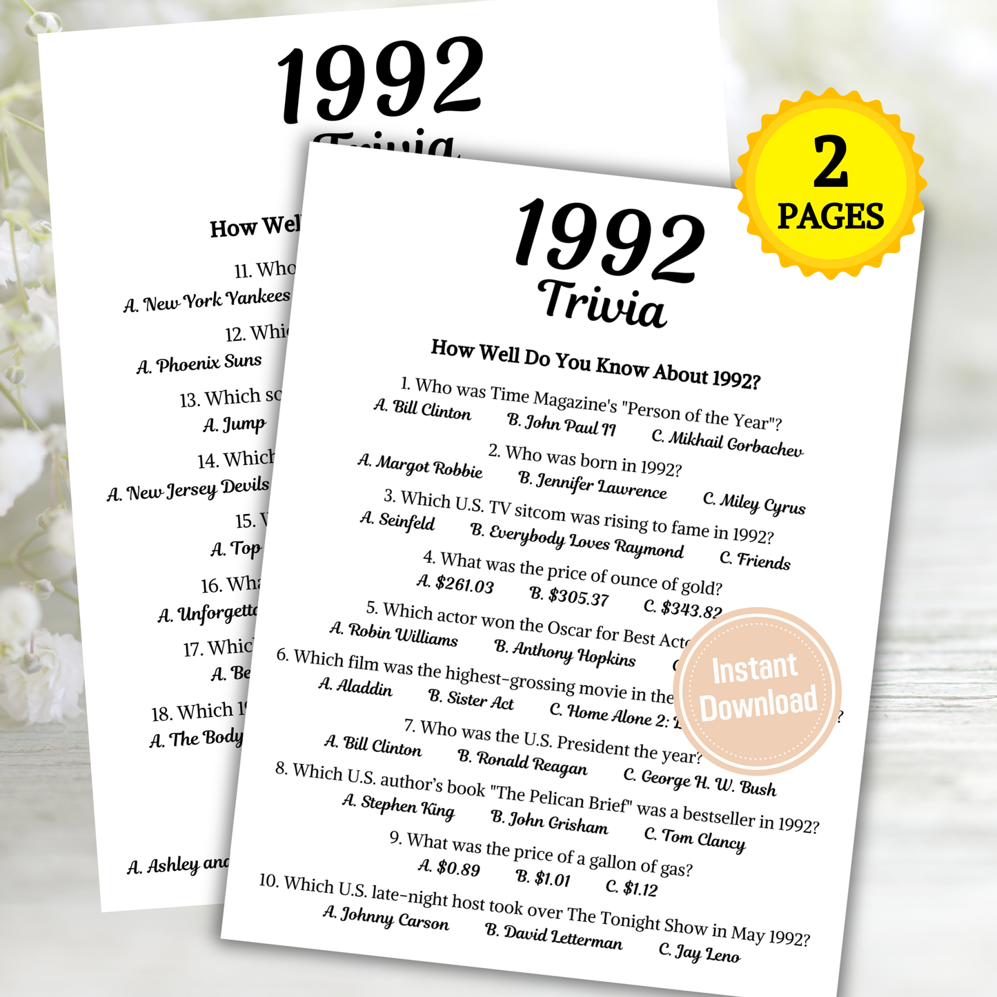 1992 Trivia Game | Printable 34th Birthday Party Game