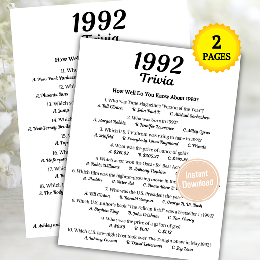 1992 Trivia Game | Printable 34th Birthday Party Game