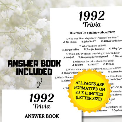 1992 Trivia Game | Printable 34th Birthday Party Game