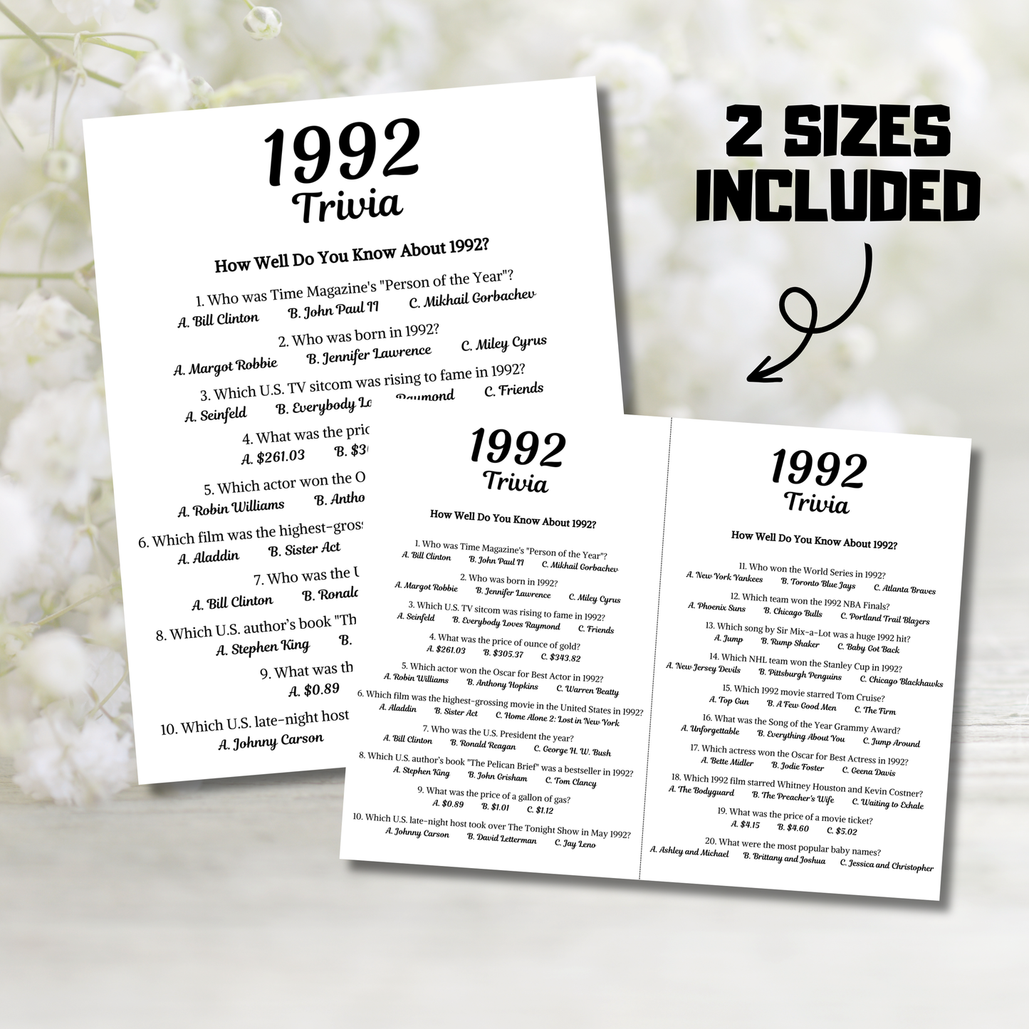 1992 Trivia Game | Printable 34th Birthday Party Game