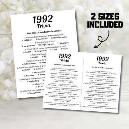 1992 Trivia Game | Printable 34th Birthday Party Game