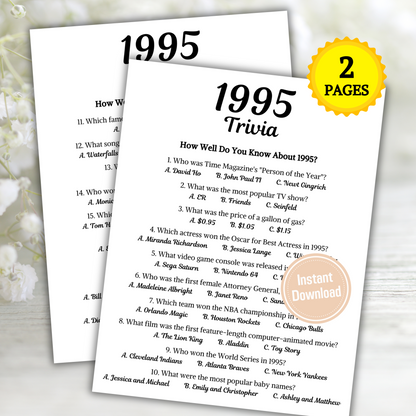 1995 Trivia Game | Printable 30th Birthday Party Game