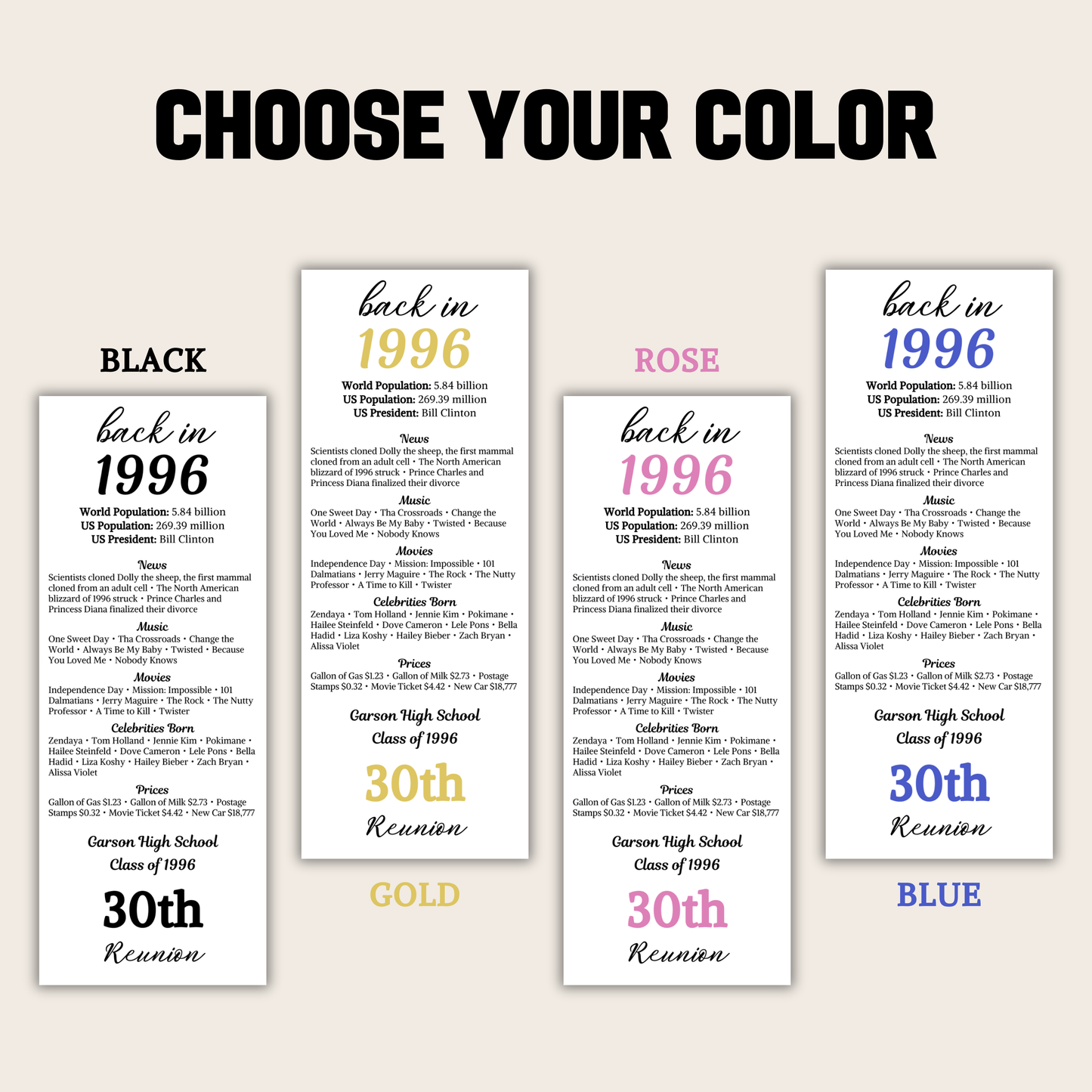 1996 Class Reunion Table Cards | Editable 30th Class Reunion Place Cards