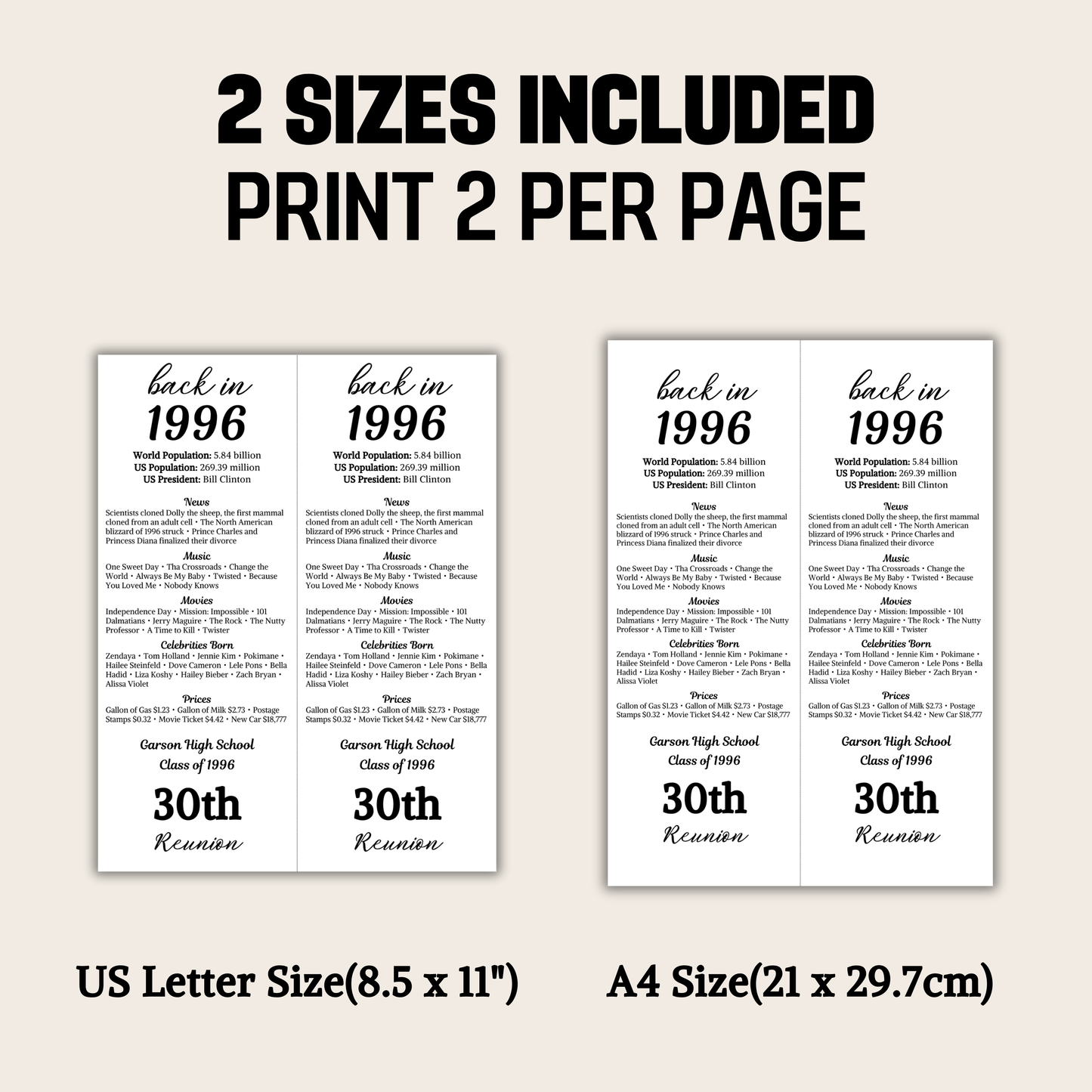 1996 Class Reunion Table Cards | Editable 30th Class Reunion Place Cards