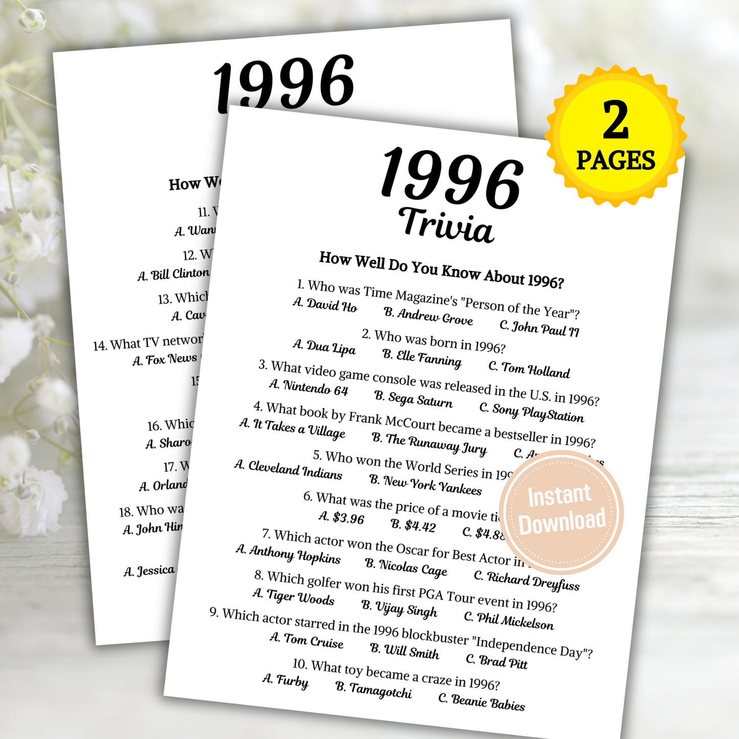 1996 Trivia Game | Printable 29th Birthday Party Game