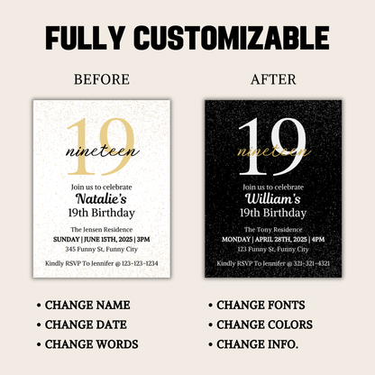 19th Birthday Invitation | Editable 19th Birthday Party Invite