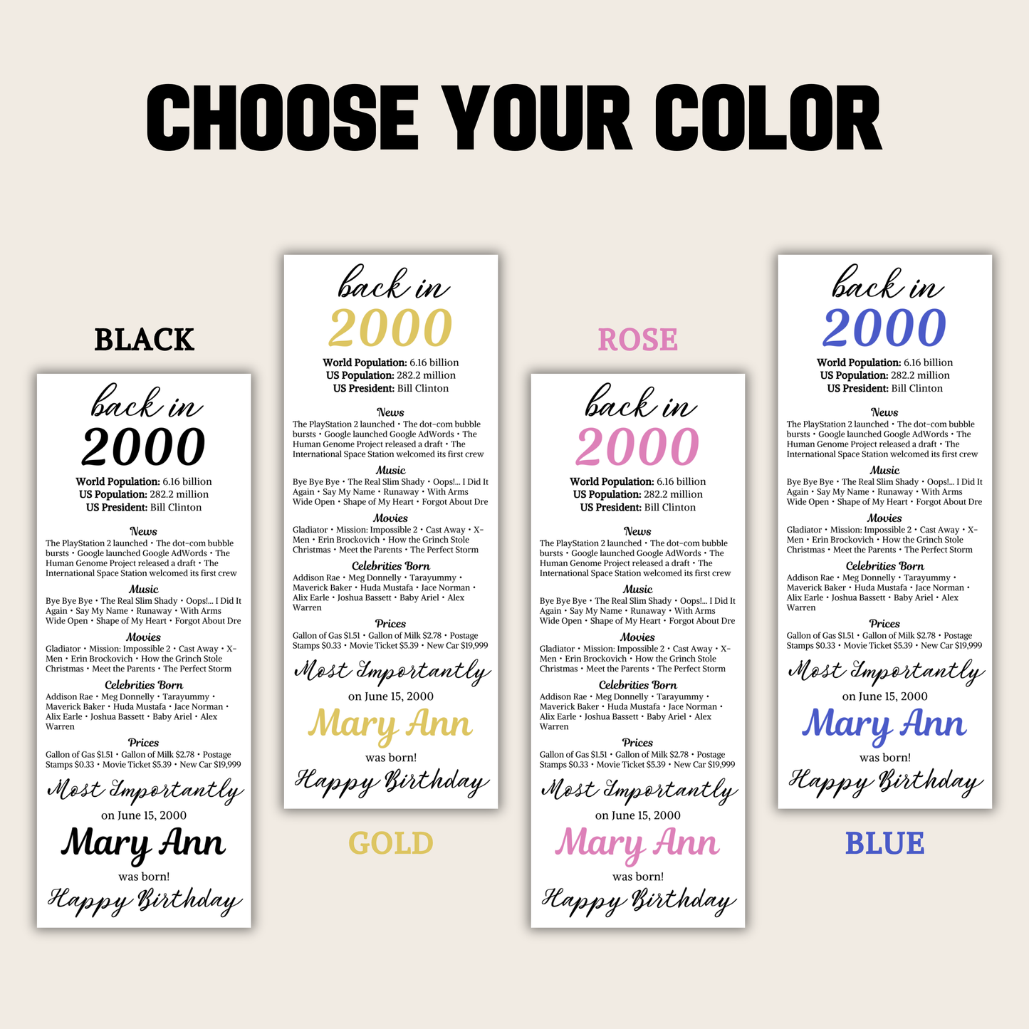 2000 Birthday Table Cards | Editable 25th Birthday Place Cards