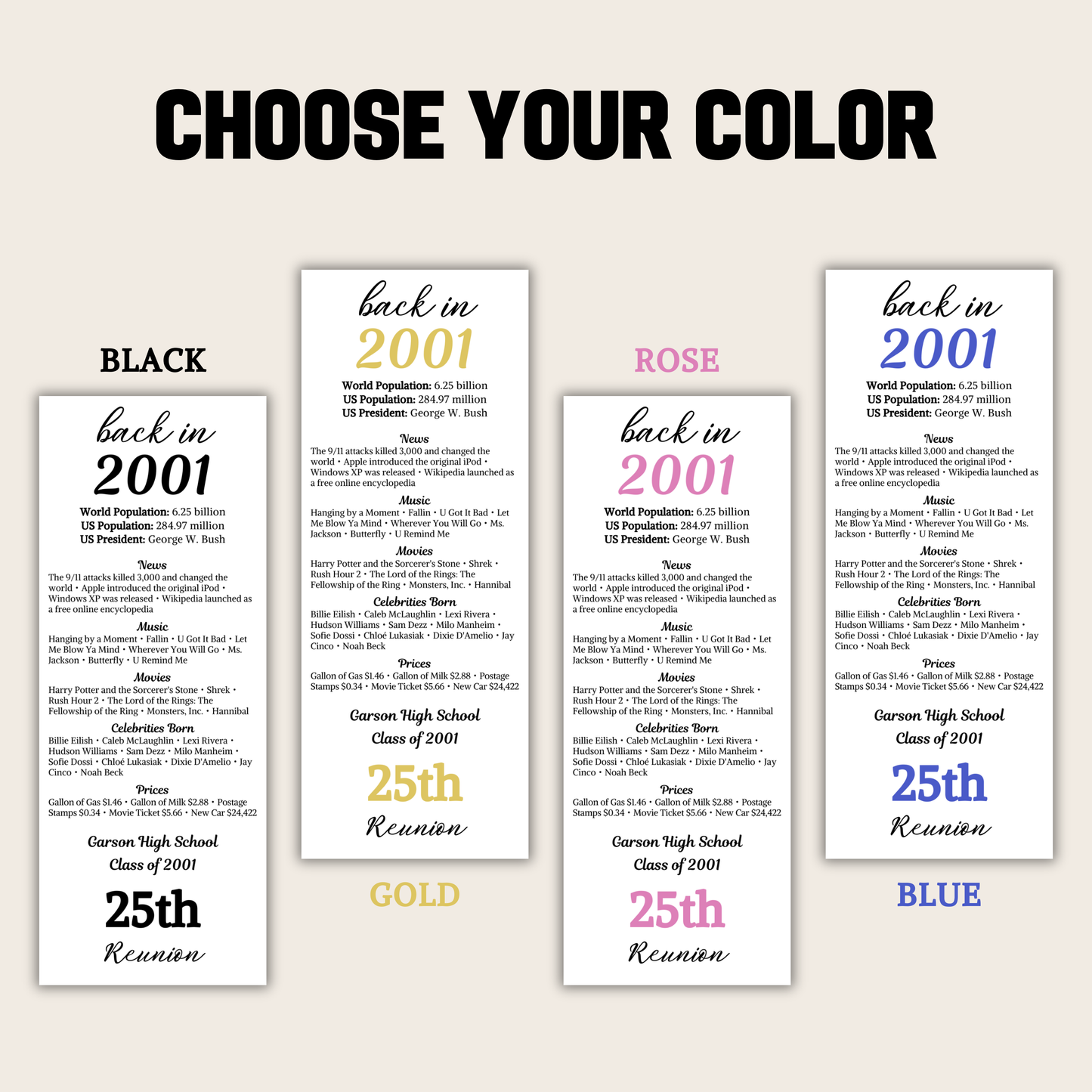 2001 Class Reunion Table Cards | Editable 25th Class Reunion Place Cards