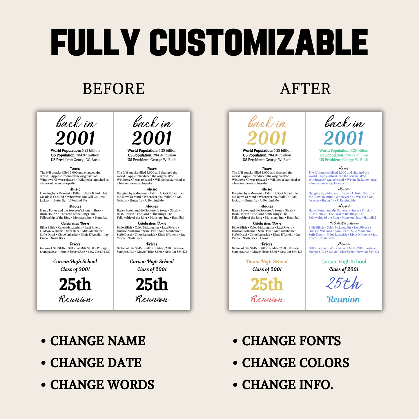 2001 Class Reunion Table Cards | Editable 25th Class Reunion Place Cards