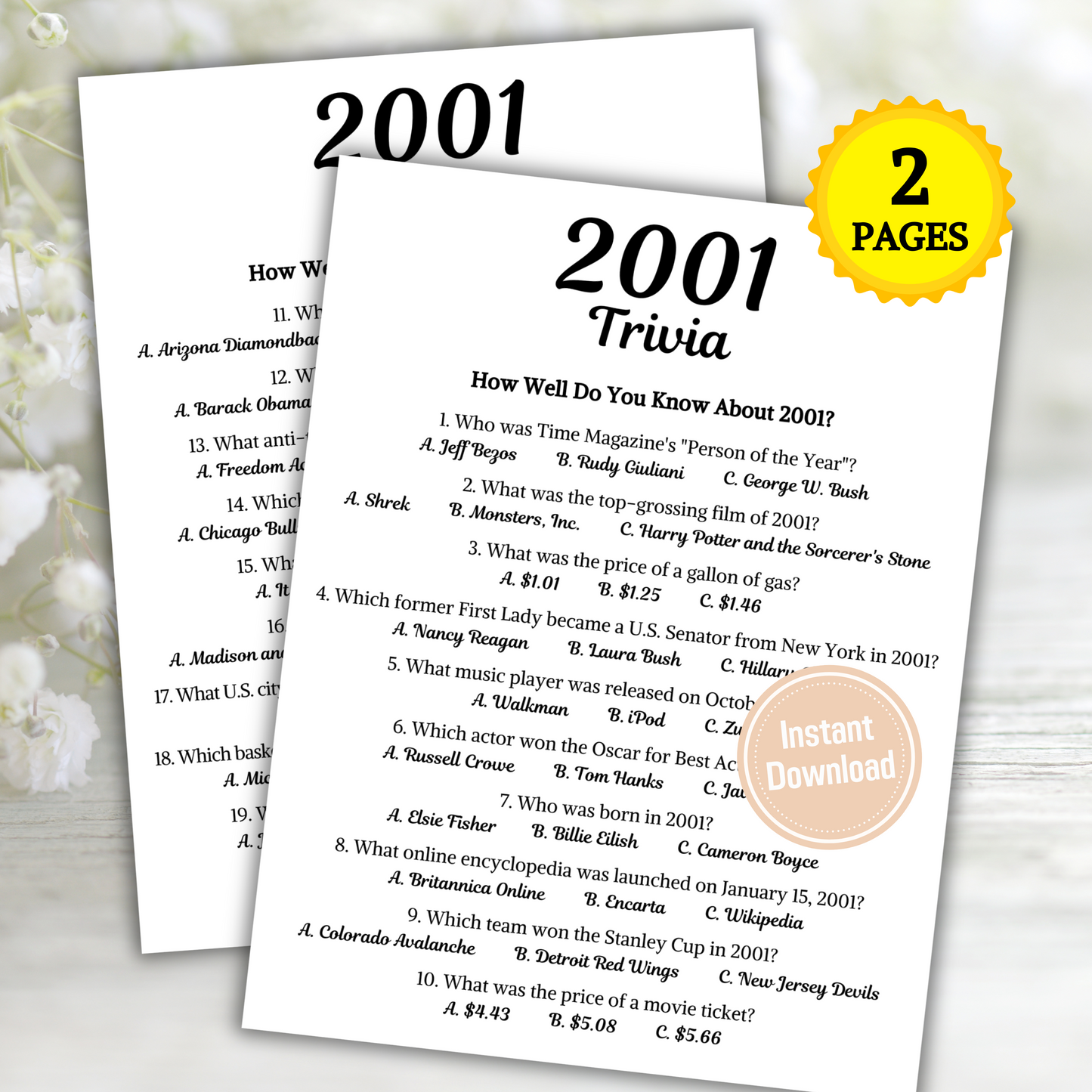 2001 Trivia Game | Printable 24th Birthday Party Game