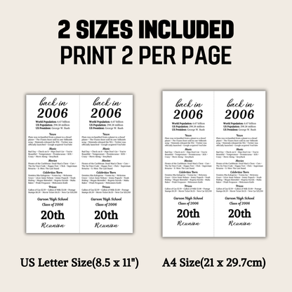 2006 Class Reunion Table Cards | Editable 20th Class Reunion Place Cards