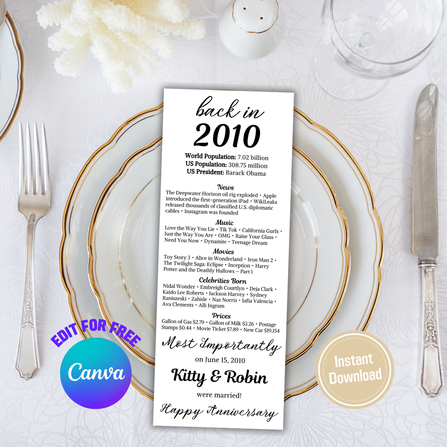 2010 Anniversary Table Cards | Editable 16th Anniversary Place Cards