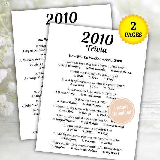 2010 Trivia Game | Printable 16th Birthday Party Game