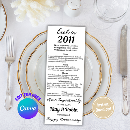 2011 Anniversary Table Cards | Editable 15th Anniversary Place Cards