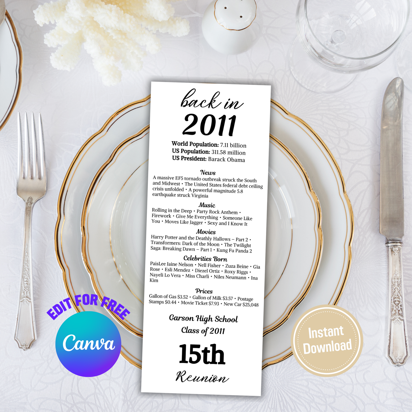 2011 Class Reunion Table Cards | Editable 15th Class Reunion Place Cards