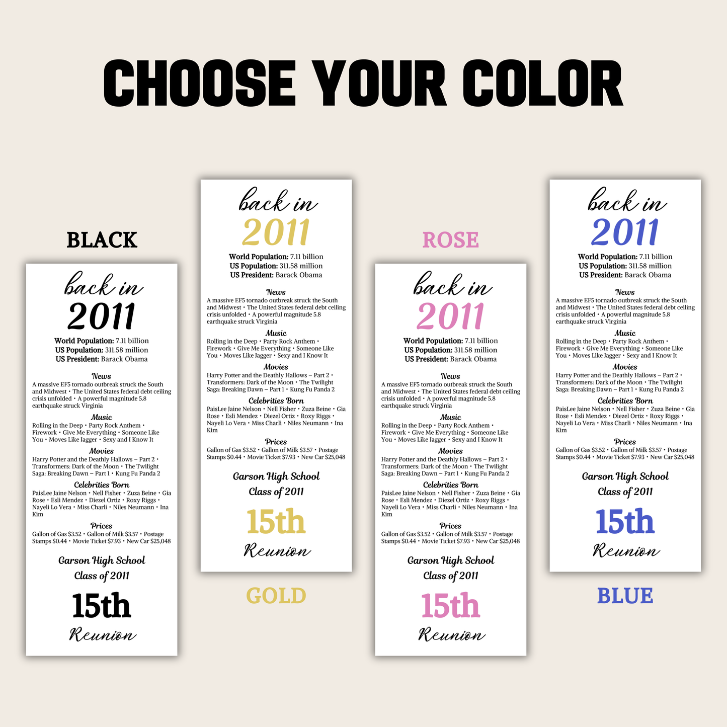 2011 Class Reunion Table Cards | Editable 15th Class Reunion Place Cards