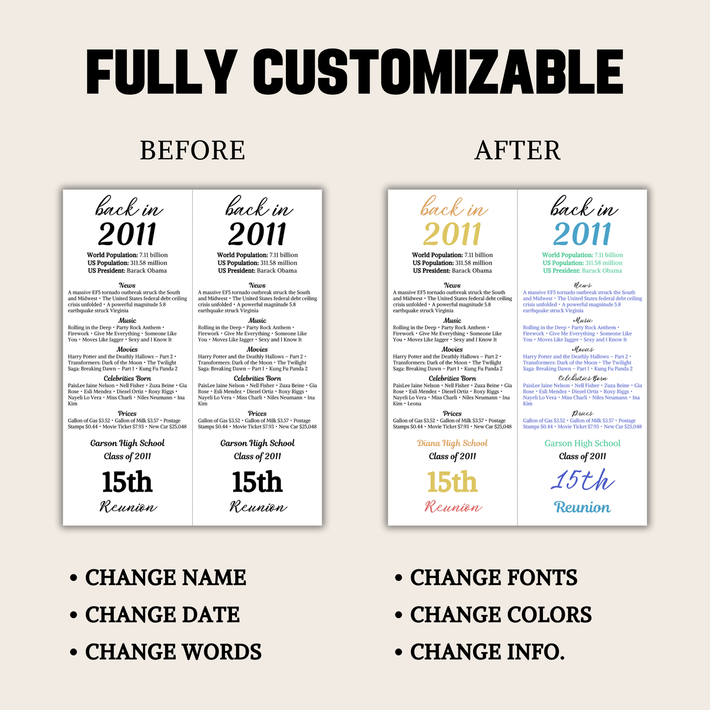 2011 Class Reunion Table Cards | Editable 15th Class Reunion Place Cards