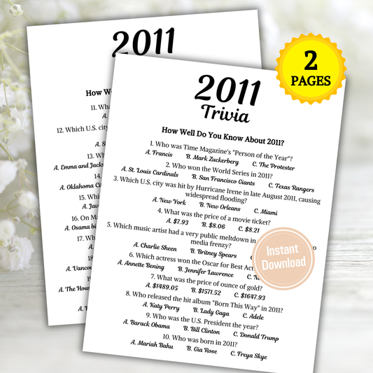 2011 Trivia Game | Printable 15th Birthday Party Game