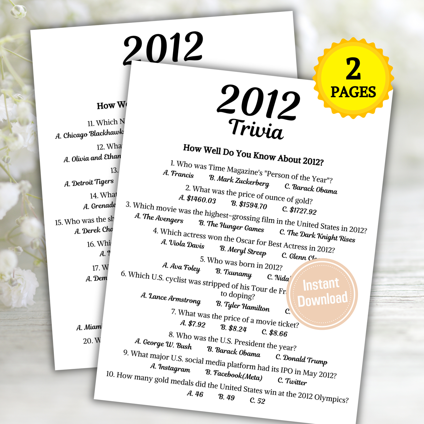 2012 Trivia Game | Printable 14th Birthday Party Game