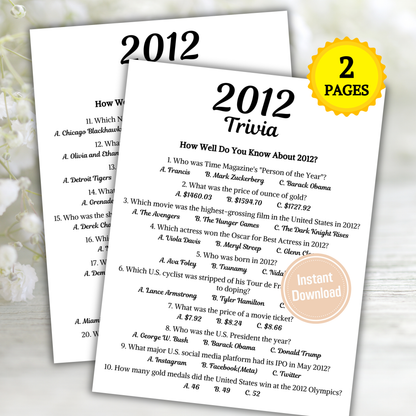 2012 Trivia Game | Printable 14th Birthday Party Game