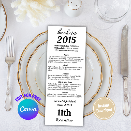 2015 Class Reunion Table Cards | Editable 11th Class Reunion Place Cards