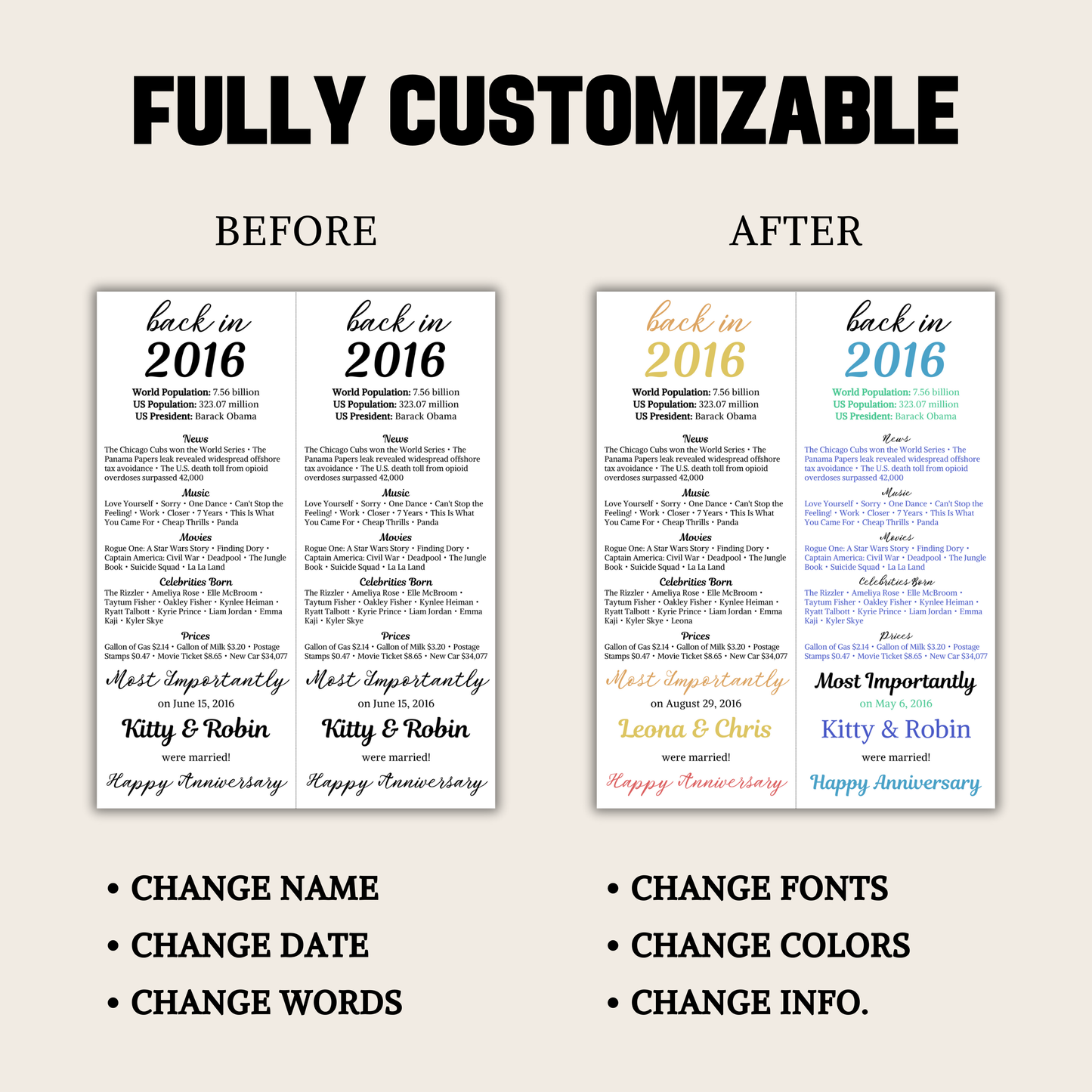 2016 Anniversary Table Cards | Editable 10th Anniversary Place Cards