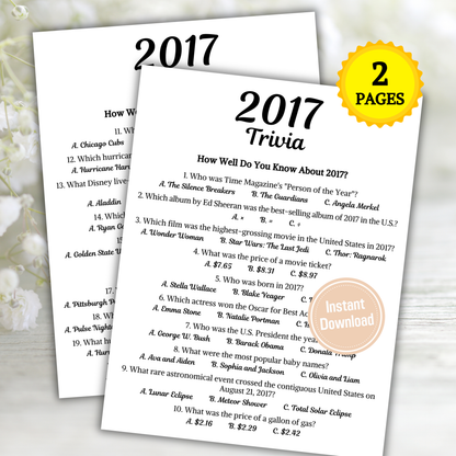 2017 Trivia Game | Printable 9th Birthday Party Game
