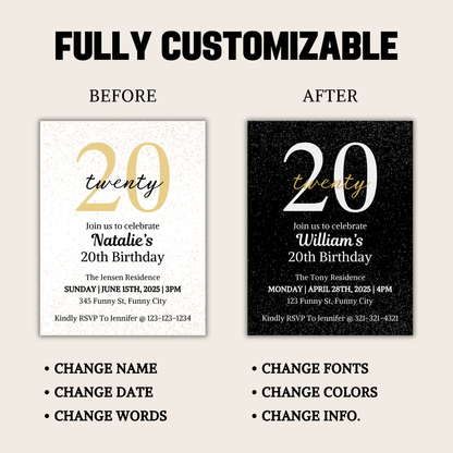 20th Birthday Invitation | Editable 20th Birthday Party Invite
