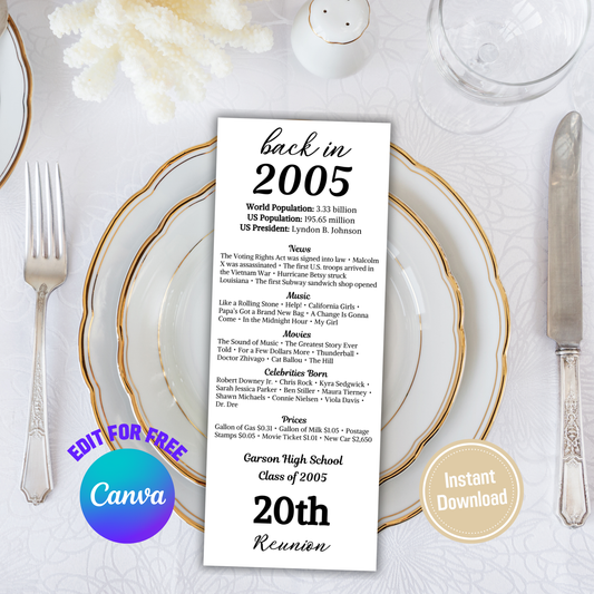 20th Class Reunion Table Cards | Editable 20th Class Reunion Place Cards