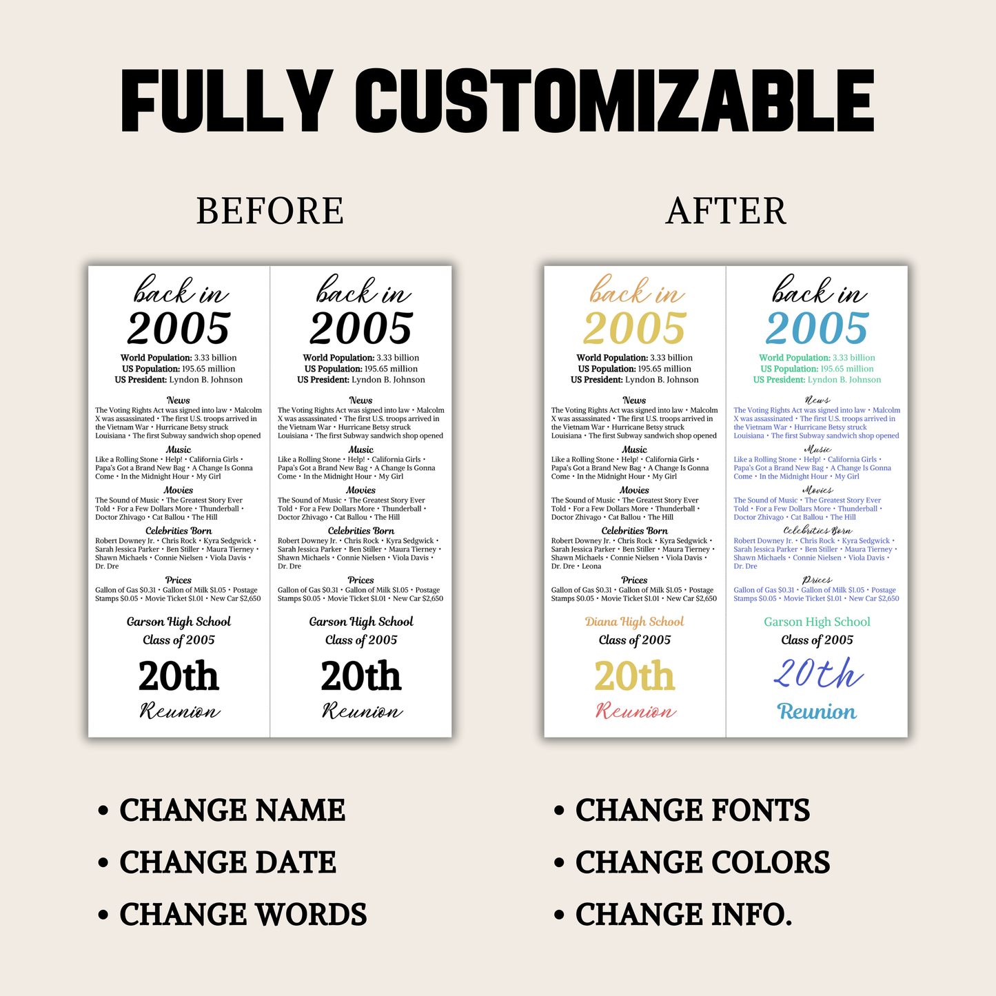 20th Class Reunion Table Cards | Editable 20th Class Reunion Place Cards